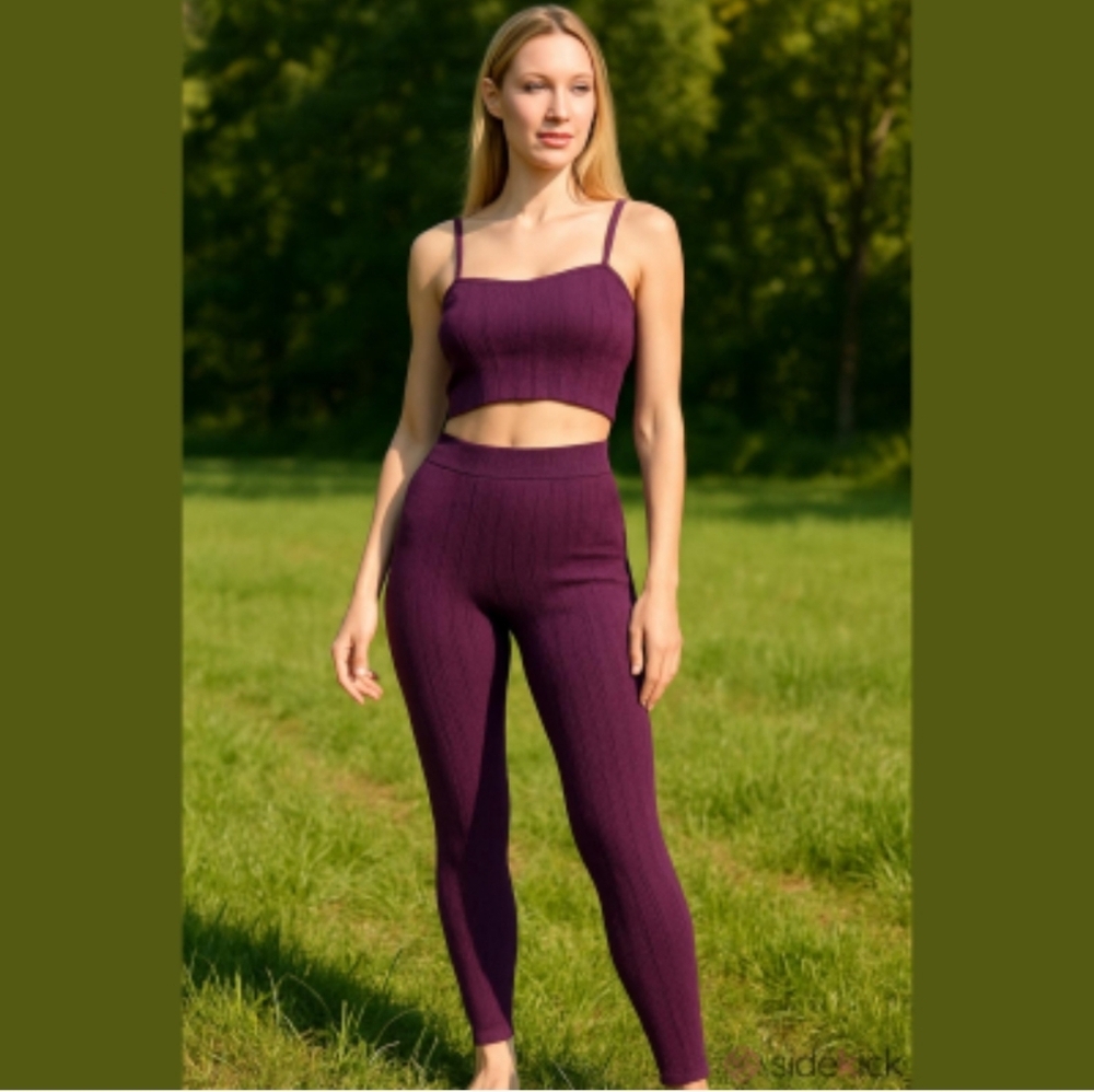 Free People Women's Ribbed Leggings Set - Wine - Sized Medium - NWT